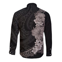 Hawaiian Plumeria and Hibiscus Long Sleeve Button Shirt Grayscale Mode