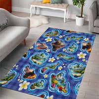 Hawaiian Island Shapes-Iconic Landscape Area Rug with Plumeria and Palaka Blue Color