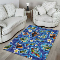 Hawaiian Island Shapes-Iconic Landscape Area Rug with Plumeria and Palaka Blue Color