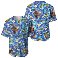 Hawaiian Island Shapes-Iconic Landscape Baseball Jersey with Plumeria and Palaka Blue Color