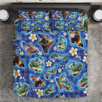 Hawaiian Island Shapes-Iconic Landscape Bedding Set with Plumeria and Palaka Blue Color
