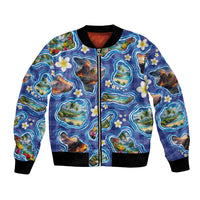 Hawaiian Island Shapes-Iconic Landscape Bomber Jacket with Plumeria and Palaka Blue Color