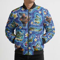Hawaiian Island Shapes-Iconic Landscape Bomber Puffer Jacket with Plumeria and Palaka Blue Color