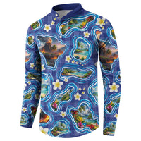Hawaiian Island Shapes-Iconic Landscape Button Sweatshirt with Plumeria and Palaka Blue Color