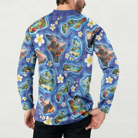 Hawaiian Island Shapes-Iconic Landscape Button Sweatshirt with Plumeria and Palaka Blue Color
