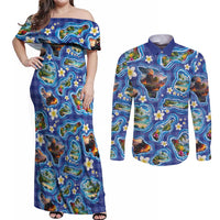 Hawaiian Island Shapes-Iconic Landscape Couples Matching Off Shoulder Maxi Dress and Long Sleeve Button Shirt with Plumeria and Palaka Blue Color LT03 Blue - Polynesian Pride