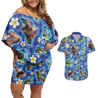 Hawaiian Island Shapes-Iconic Landscape Couples Matching Off Shoulder Short Dress and Hawaiian Shirt with Plumeria and Palaka Blue Color LT03 Blue - Polynesian Pride