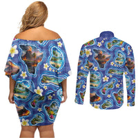 Hawaiian Island Shapes-Iconic Landscape Couples Matching Off Shoulder Short Dress and Long Sleeve Button Shirt with Plumeria and Palaka Blue Color LT03 - Polynesian Pride