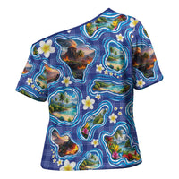 Hawaiian Island Shapes-Iconic Landscape Cross Shoulder Shirt with Plumeria and Palaka Blue Color