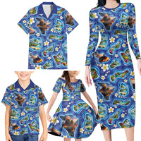 Hawaiian Island Shapes-Iconic Landscape Family Matching Long Sleeve Bodycon Dress and Hawaiian Shirt with Plumeria and Palaka Blue Color LT03 - Polynesian Pride