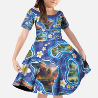 Hawaiian Island Shapes-Iconic Landscape Family Matching Off The Shoulder Long Sleeve Dress and Hawaiian Shirt with Plumeria and Palaka Blue Color LT03 Daughter's Dress Blue - Polynesian Pride