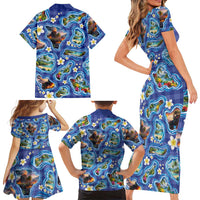 Hawaiian Island Shapes-Iconic Landscape Family Matching Short Sleeve Bodycon Dress and Hawaiian Shirt with Plumeria and Palaka Blue Color LT03 - Polynesian Pride