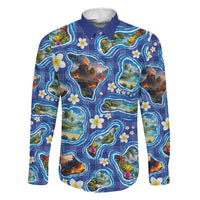 Hawaiian Island Shapes-Iconic Landscape Family Matching Summer Maxi Dress and Hawaiian Shirt with Plumeria and Palaka Blue Color LT03 Dad's Shirt - Long Sleeve Blue - Polynesian Pride