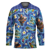 Hawaiian Island Shapes-Iconic Landscape Hockey Jersey with Plumeria and Palaka Blue Color