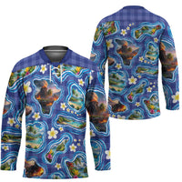 Hawaiian Island Shapes-Iconic Landscape Hockey Jersey with Plumeria and Palaka Blue Color