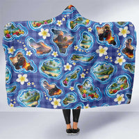 Hawaiian Island Shapes-Iconic Landscape Hooded Blanket with Plumeria and Palaka Blue Color