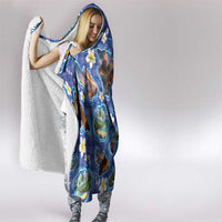 Hawaiian Island Shapes-Iconic Landscape Hooded Blanket with Plumeria and Palaka Blue Color