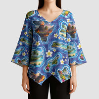 Hawaiian Island Shapes-Iconic Landscape Kimono Sleeve Blouse with Plumeria and Palaka Blue Color