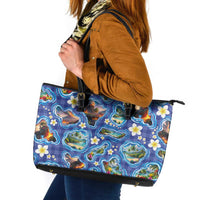 Hawaiian Island Shapes-Iconic Landscape Leather Tote Bag with Plumeria and Palaka Blue Color