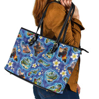 Hawaiian Island Shapes-Iconic Landscape Leather Tote Bag with Plumeria and Palaka Blue Color