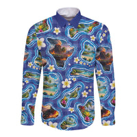 Hawaiian Island Shapes-Iconic Landscape Long Sleeve Button Shirt with Plumeria and Palaka Blue Color