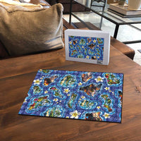 Hawaiian Island Shapes-Iconic Landscape Puzzle with Plumeria and Palaka Blue Color