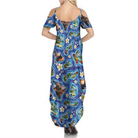 Hawaiian Island Shapes-Iconic Landscape Summer Maxi Dress with Plumeria and Palaka Blue Color