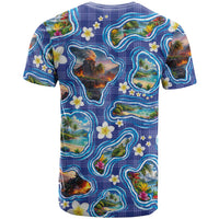 Hawaiian Island Shapes-Iconic Landscape T Shirt with Plumeria and Palaka Blue Color