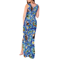 Hawaiian Island Shapes-Iconic Landscape Tank Maxi Dress with Plumeria and Palaka Blue Color LT03 - Polynesian Pride
