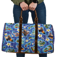 Hawaiian Island Shapes-Iconic Landscape Travel Bag with Plumeria and Palaka Blue Color