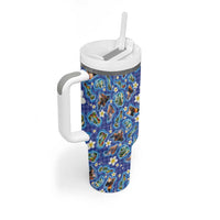 Hawaiian Island Shapes-Iconic Landscape Tumbler With Handle with Plumeria and Palaka Blue Color