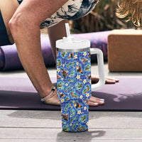 Hawaiian Island Shapes-Iconic Landscape Tumbler With Handle with Plumeria and Palaka Blue Color