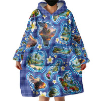 Hawaiian Island Shapes-Iconic Landscape Wearable Blanket Hoodie with Plumeria and Palaka Blue Color LT03 - Polynesian Pride