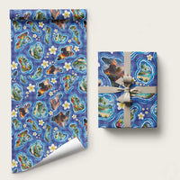 Hawaiian Island Shapes-Iconic Landscape Wrapping Paper with Plumeria and Palaka Blue Color