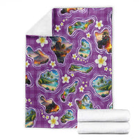 Hawaiian Island Shapes-Iconic Landscape Blanket with Plumeria and Palaka Purple Color