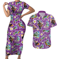 Hawaiian Island Shapes-Iconic Landscape Couples Matching Short Sleeve Bodycon Dress and Hawaiian Shirt with Plumeria and Palaka Purple Color LT03 Purple - Polynesian Pride