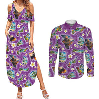 Hawaiian Island Shapes-Iconic Landscape Couples Matching Summer Maxi Dress and Long Sleeve Button Shirt with Plumeria and Palaka Purple Color LT03 Purple - Polynesian Pride