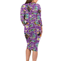 Hawaiian Island Shapes-Iconic Landscape Family Matching Long Sleeve Bodycon Dress and Hawaiian Shirt with Plumeria and Palaka Purple Color LT03 - Polynesian Pride
