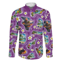 Hawaiian Island Shapes-Iconic Landscape Family Matching Summer Maxi Dress and Hawaiian Shirt with Plumeria and Palaka Purple Color LT03 Dad's Shirt - Long Sleeve Purple - Polynesian Pride