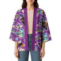Hawaiian Island Shapes-Iconic Landscape Kimono with Plumeria and Palaka Purple Color