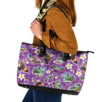 Hawaiian Island Shapes-Iconic Landscape Leather Tote Bag with Plumeria and Palaka Purple Color LT03 Purple - Polynesian Pride
