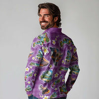 Hawaiian Island Shapes-Iconic Landscape Long Sleeve Polo Shirt with Plumeria and Palaka Purple Color LT03 - Polynesian Pride