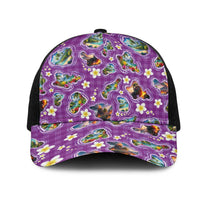 Hawaiian Island Shapes-Iconic Landscape Mesh Trucker Cap with Plumeria and Palaka Purple Color