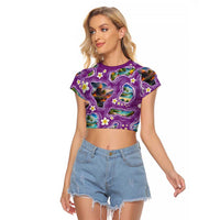 Hawaiian Island Shapes-Iconic Landscape Raglan Cropped T Shirt with Plumeria and Palaka Purple Color LT03 Female Purple - Polynesian Pride