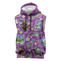 Hawaiian Island Shapes-Iconic Landscape Sleeveless Hoodie with Plumeria and Palaka Purple Color LT03 Purple - Polynesian Pride