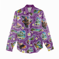 Hawaiian Island Shapes-Iconic Landscape Women Casual Shirt with Plumeria and Palaka Purple Color