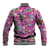 Hawaiian Island Shapes-Iconic Landscape Baseball Jacket with Plumeria and Palaka Pink Color