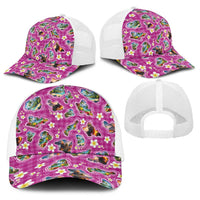 Hawaiian Island Shapes-Iconic Landscape Baseball Net Cap with Plumeria and Palaka Pink Color