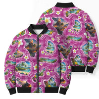 Hawaiian Island Shapes-Iconic Landscape Bomber Puffer Jacket with Plumeria and Palaka Pink Color