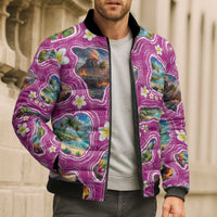 Hawaiian Island Shapes-Iconic Landscape Bomber Puffer Jacket with Plumeria and Palaka Pink Color